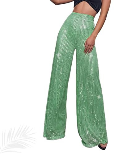Generiskt paljetttäckta, glittrande palazzobyxor med hög midja och vida ben för kvinnor – gnistrande festbyxor med glitterleggings, Ljusgrön, 4XL