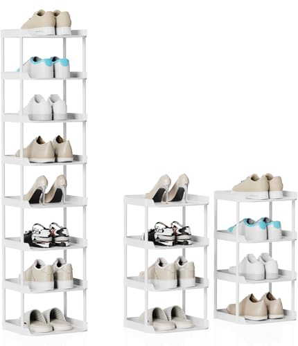 SZSHYNJ 8 Ebenen Schuhregal Schmal und Hoch, Vertikales Schuhregale Stapelbar, Kleines Regal Platzsparend, Eckschuhregal Kinder, Vertical Shoe Rack für Garten, Treppe, Terrasse, Flur, Küche, Weiß