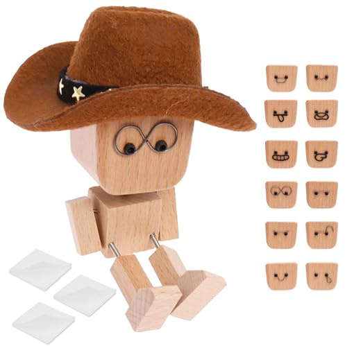 shaojian Shaking Wooden Man Figurine Handmade Shaking Feet Wooden Doll with 12/13Pcs Expressions, Creative Car Dashboard Accessories Wood Desktop Decor, Charming Little Wood Figure Funny Gifts(B)