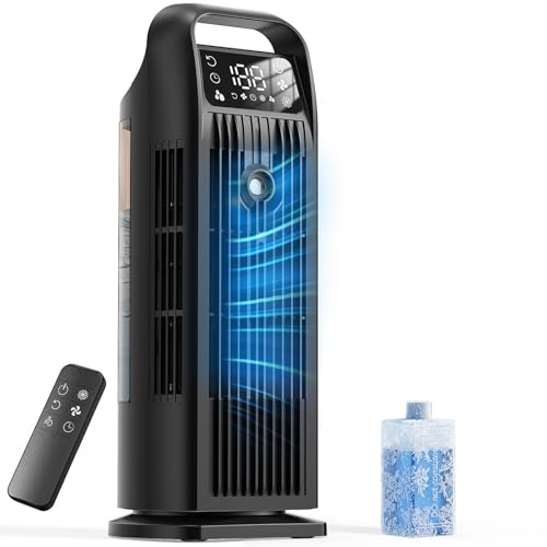 Portable Air Cooler, 6 in 1 Air Conditioner 1200ML Evaporative Air Cooler with Remote Control, 120° Oscillating 4 Speeds 12H Timer Mist Spray Tower Fan for Home Office（Midnight Black）