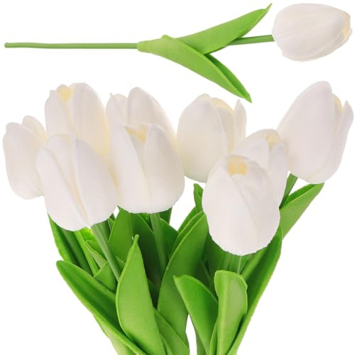 Kichvoe Bouquet di Tulipani Artificiali 10 Pezzi, Mazzo di Fiori Finti in Pu Bianco, Decorazione per Casa, Ufficio e Matrimoni, Leggero e Compatto per Allestimenti Interni ed Esterni