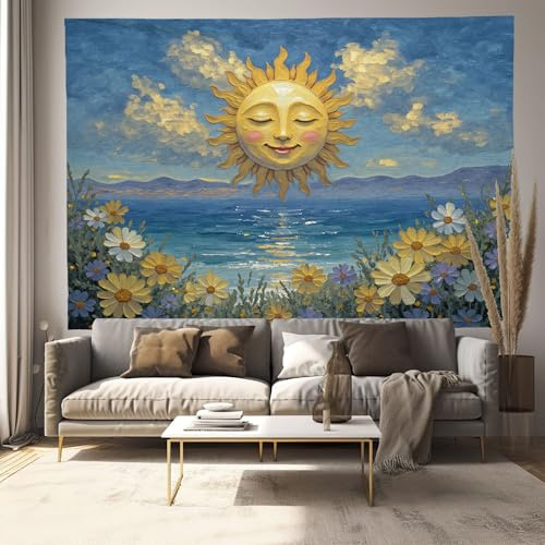 Arazzo Paesaggio Marino,da appendere alla parete,Arazzo Dipinto Olio Raffigurante Un Sole Sorridente Una Spiaggia Fiori da Parete per Dormitorio,Camera da Letto e Soggiorno,230x180cm,giallo verde