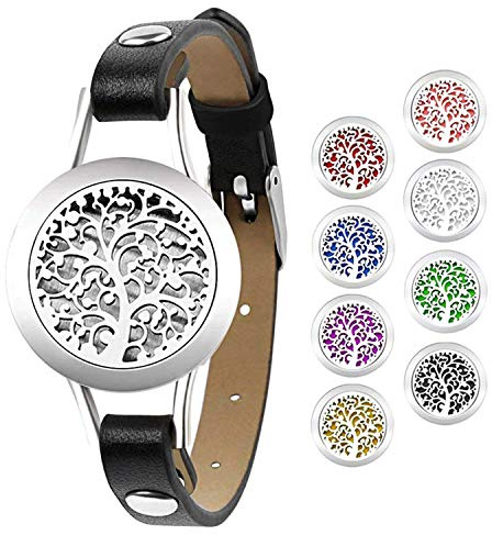JewelryWe Schmuck Ätherisches Öl Armband Edelstahl Baum des Lebens Locket Medaillon Aromatherapie Aroma Öle Parfum Diffusor Echtleder Leder Armreif mit 8 Pads