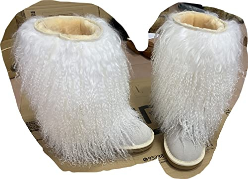 通用 Real Mongolian sheep fur tall boots fluffy women boots lamb fur booties fashionable ladies boots (5, white, numeric_5)