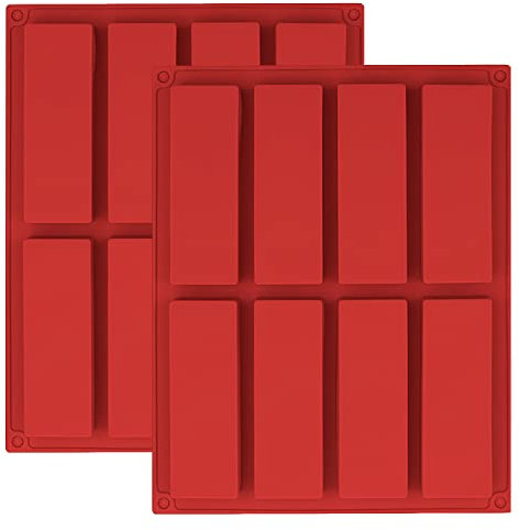 YXHZVON 2 Pieces Silicone Cereal Bar Moulds, 8 Cavities Energy Bar Moulds, Large Rectangle Granola Bar for Truffle Ganache Muffin Brownie Cornbread Cheesecake and Soap (Red)