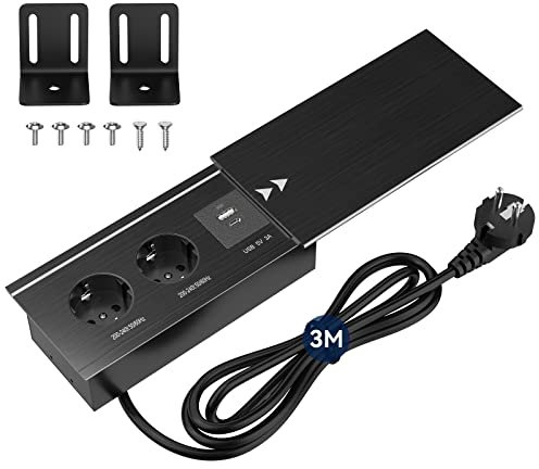 Presa da tavolo con USB C PD20W, presa da incasso a 2 prese, cavo da 3 m, da incasso con coperchio, in alluminio, per scrivania, cucina, ufficio, 2200 W/10 A