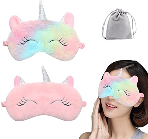 2 st söt sovmask, enhörning tecknad ögonmask för resor tupplur sömn lunchpaus övernattningsfest, mjuk plysch ögonbindel ögonskydd för kvinnor flickor barn