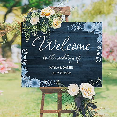 Panneau de bienvenue de mariage en bois bleu personnalisable - Panneau de mariage moderne rustique en bois pour mariage, fête prénuptiale, anniversaire de mariage, décoration de fête de mariage - 40,6