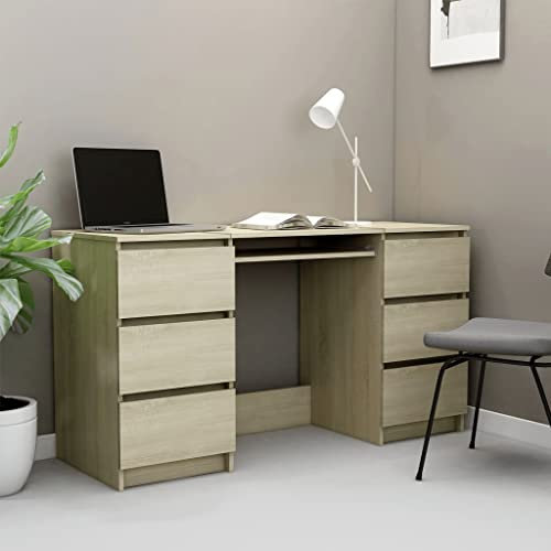 WIFESE Schreibtisch Sonoma-Eiche 140x50x77 cm Holzwerkstoff Computertisch Bürotisch PC Tisch Eckschreibtisch Homeoffice Schreibtisch Modern Mehrzwecktisch mit 6 Schubladen für Büros Zuhause