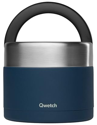 QWETCH - Fiambrera Isotérmica Inox con Asa - Acero Inoxidable 850ml Azul Noche - Caja Almuerzo 5h Caliente y 7h Fría - Hermética, Sin BPA y Reutilizable - Lunch Box para Oficina, Picnic, Senderismo