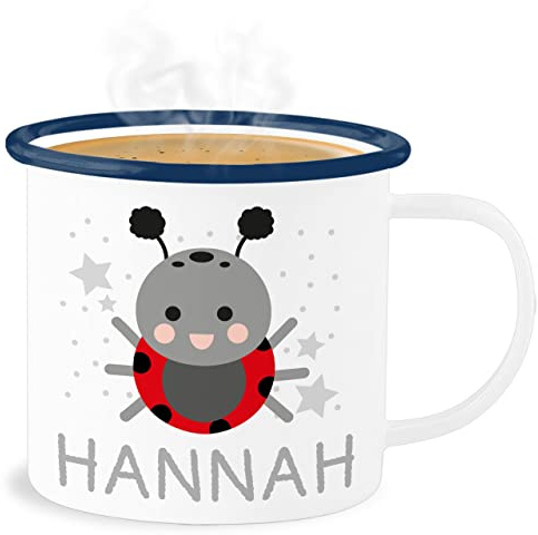 Geschenk mit Namen personalisiert by Shirtracer Emaille Becher Blechbecher - Marienkäfer Bild und Dein Name - 300 ml - Weiß Blau - personalisierte junge spülmaschinenfest kinder kindergarten kind