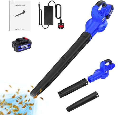 VickyHome Leaf Blower, Cordless Leaf Collector Garden Leaf Vacuum with 4000mah Battery and Charger for Leaf/Car/Corner Dust Blowing, 2 Detachable Tubes, 110MPH, 10500Rpm