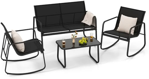 COSTWAY 4PCS Garden Furniture Set, Metal Frame Outdoor Conversation Set with Loveseat, 2 Rocking Chairs and Glass Coffee Table, Conservatory Table Sofa Dining Set for Backyard Poolside