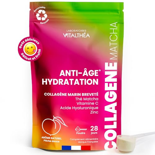 COLLAGENE MARIN POUDRE + ACIDE HYALURONIQUE + THÉ MATCHA + ZINC + VITAMINE C : Formule Exclusive Premium | Anti-âge Peau & Articulations Sport |RÉSULTATS PROUVÉS* |Goût Pêche Douce |Fabrication France