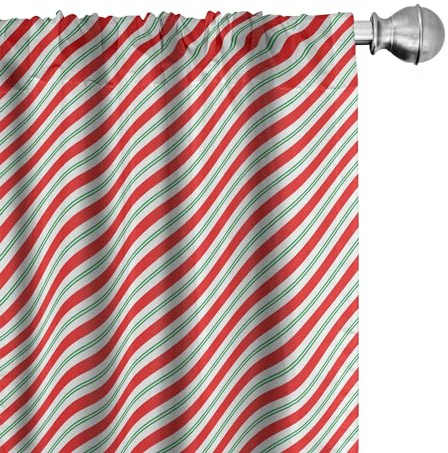 Ambesonne Candy Cane Window Curtains Pack of 2, Bicolor Stripes and Lines Traditional Design Seasonal Pattern, Lightweight Set with Rod Pocket, 4 Panels of - 28 x 63, Red Fern Green White