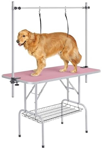 Soberine Tavolo da Toelettatura per Cani Tosatura Piano Antiscivolo Pieghevole Rosa 177 cm