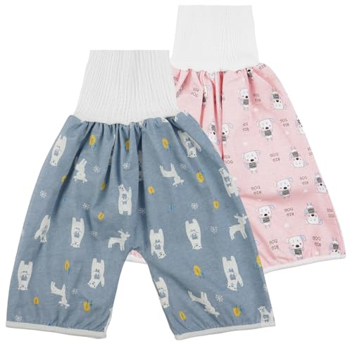 Aolso Pantalones de Entrenamiento Algodón para Bebé, 2 Piezas Pantalones para Pañales Niñas Niños Reutilizables, Chica Ropa Interior para el Entrenamiento al Orinal para Bebé 6-12 Años(L-Perro/Oso)