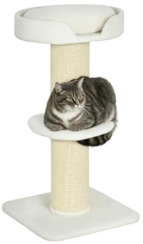 PawHut Kratzbaum Sisalstämme für mittelgroße Katzen 91 cm Cremeweiß | Plattform, Kissen, Mehrstöckiger Katzenkratzbaum, Kletterbaum