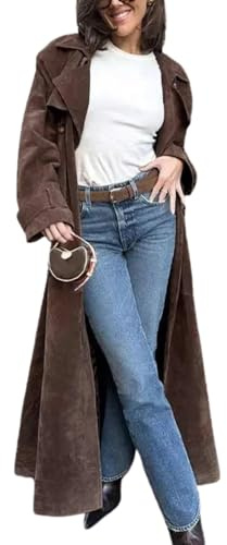 utcoco Womens Faux Suede Long Trench Coat Notched Lapel Double Breasted Pea Coat Overcoat with Belt, Brown, Large