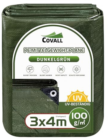 Covall Bâche de Service moyenen 3x4m Bâches Imperméable 100g/m² et résistant à la moisissure Polyvalent Résistant aux déchirures Tente UV Piscine Toit Bac à Sable Bateau Camion VR.(Vert)