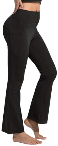 YUSHOW Yogabyxor, dam, slagbyxor, hög midja, joggingbyxor, svarta med fickor, sportbyxor, långa bootcut, träningsbyxor, fitness, gym, svart, M