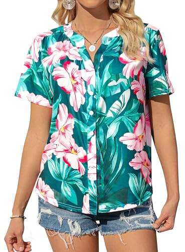 WIEIYM Womens T-Shirt Hawaiian Shirt V Neck Floral Short Sleeve T Shirt Tropical Printed Tunic Top Buttons Down Shirts