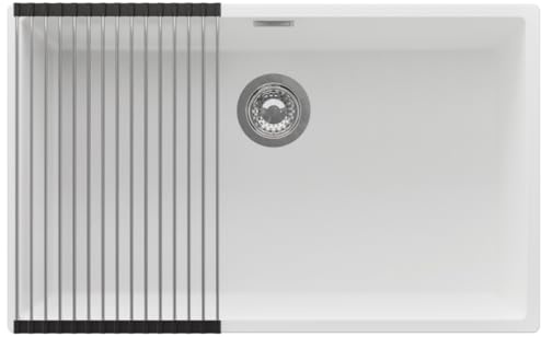 PRIMAGRAN Fregadero bajo Encimera al Mueble 80cm + Kit de desagüe, 76x47cm | Set: Kit de desagüe (sifón, válvula, rebosadero) + Enrollable Escurridor + London 1 Seno para Cocina, Blanco