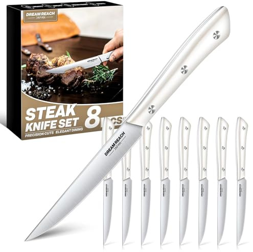 Dream Reach Steakmesser Set 8-Teilig, Extra Scharfes Steakbesteck | Extra Scharf, Full Tang, Spülmaschinengeeignet, Hochwertiger Edelstahl, Geschenk für Papa & Mama, Silberweiß