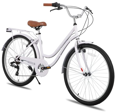 Hiland 26 Zoll Cityräder für Erwachsene, Step-Through Rahmen Damenfahrrad mit Gepäckträger, Herren und Damen 7 Gang-Schaltung Hollandfahrrad Citybike, City-Pendlerfahrrad für Männer