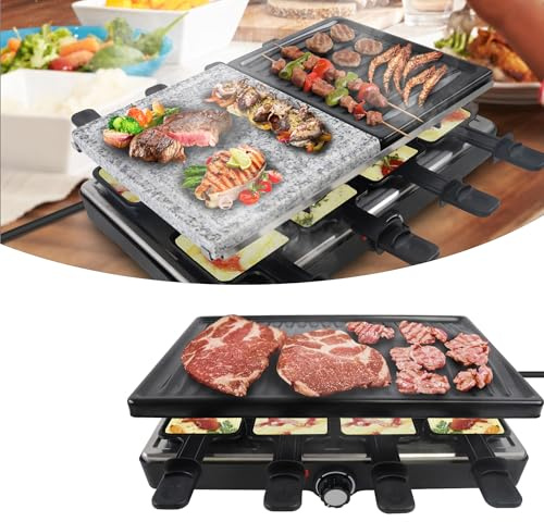 YZNAHRE Grill à raclette pour 8 personnes - Barbecue de table électrique - 1400 W - Plaque à raclette anti-adhésive - Avec 8 poêlons - Spatule en bois - 2 plaques en granit