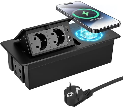 Versenkbare Steckdose mit USB, Einbau Steckdosenleiste mit Kabellosem Ladegerät, Softöffnung, Aluminium Spritzguss, 1,8m Anschlusskabel, Einbausteckdose für Küche, Schreibtisch,Konferenztisch(Schwarz)