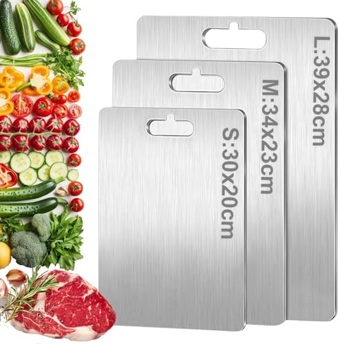 FOLAI 3PCS Cutting Board, S316 Stainless Steel Chopping Board, Double-Sided Food Grade Cutting Board, Dishwasher Safe Ideal for Handling Meat and Vegetables Separately