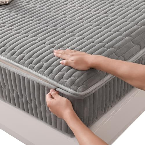 Personalizzabile Fodera Materasso Matrimoniale con Cerniera Imbottito 140/160X190/200 Lenzuolo Topper Trapuntato Integrale Copri/Proteggi/Rivestimento Materasso Rimovibile Lavabile(80X190+22cm,Gray)