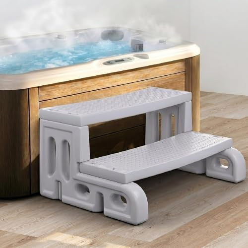 ROMIVO Escalera para SPA de 2 Peldaños Antideslizantes, 180 kg, 72×53×36 cm | Para spa y bañera de hidromasaje; HDPE resistentes al agua, UV, intemperie y corrosión; montaje por encaje. Gris.