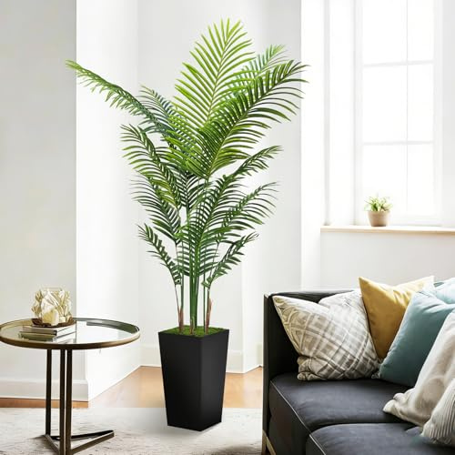 Artificial Palm Tree 6FT - Fake Tree with Black Tall Planter - Faux Tropical Areca Floor Plant in Pot - Artificial Silk Plant for Home Office Living Room Decor Indoor