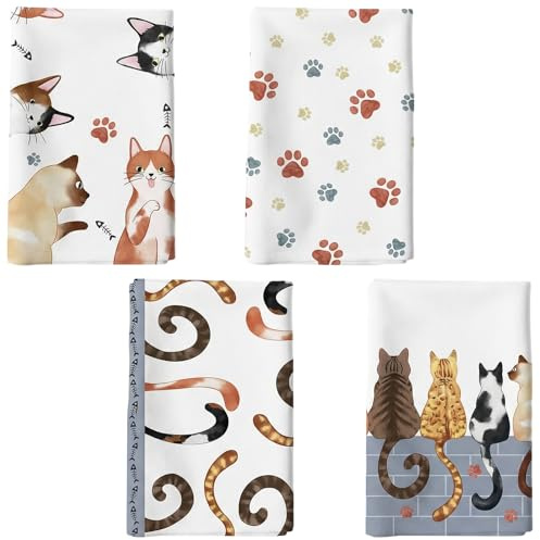 TW1TGOFT 4Pcs Tea Towels - Funny Cute Cat Tea Towels 48 * 70cm Microfibre Absorbent Soft Cleaning Cloth Towels for Anniversary Wedding Decoration Drying Dishes