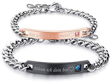 JewelryWe Pärchen Armband Edelstahl Panzerkette: 2pcs Herren Damen Partnerarmband Freundschaftsarmband Paar Armkette Armreifen mit Zirkonia Gravur Wenn ich Dein Bin und Bin ich erst ganzmein