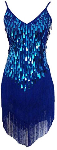 Grouptap Womens flapper gatsby sequin tassel ballroom dance sling skirt blue latin salsa tango samba cha cha rumba dress size 6/8/10/12 (Blue, UK 6-12)