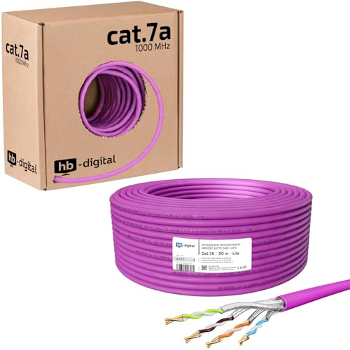 HB-DIGITAL 50m CAT.7a Netzwerkkabel LAN Kabel Verlegekabel AWG 23 Reines Kupfer S/FTP PiMF LSZH Halogenfrei RoHS-Compliant Ethernet Installationskabel Datenkabel PoE 10Gbit/s max. 1200MHz Lila