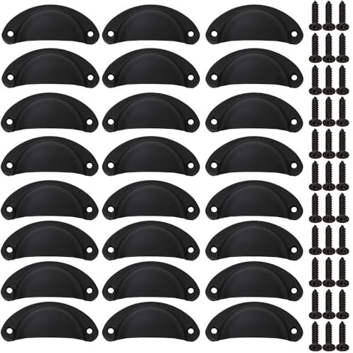 Lot de 24 boutons de placard noirs avec vis, poignée de coquille vintage en fer pour tiroir, tiroir de cuisine, portes de meubles, portes d'armoire