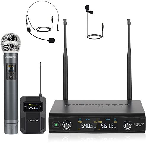 Phenyx Pro Kabelloses Mikrofon-Set mit Handmikrofon/Bodypack/Headset/Lavalier-Mikrofonen, 2x30 UHF-Frequenzen, ideal für Gesang, Karaoke, Kirche, DJ (PTU-52B)