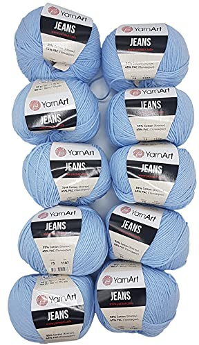 10 x 50g Strickwolle YarnArt Jeans einfarbig mit 55% Baumwolle, 500 Gramm Wolle uni (blau 75)