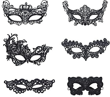 OVISEEN 6 Stück Damen Spitze Maske, Venezianische Maskes Sexy Lace Masker Schwarz Augenmaske Maskerade Maske für Halloween Karneval Party Kostüm Ball
