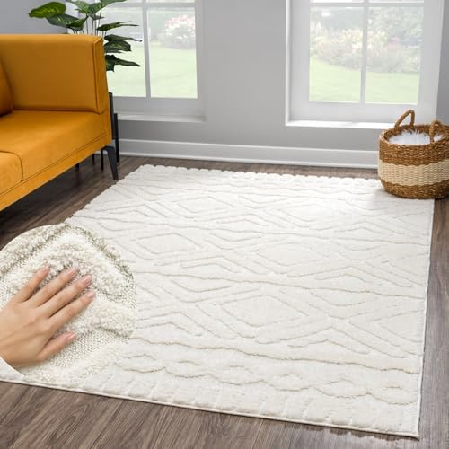 payé Teppich Wohnzimmer Hochflor - 200x290cm - Einfarbig - Pastell Creme - Boho - Modern Raute Ornamente - Skandinavisch Flauschig Weich - Schlafzimmer