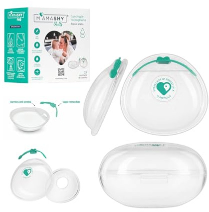 MAMASHY MamaShells – 2 Coppette Raccogli Latte con Tappo e Custodia, Silicone Morbido BPA-Free, Antiperdita, Riutilizzabili, per Allattamento Discreto e Sicuro, Accessori Neonati Allattamento