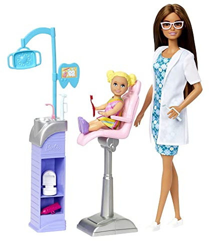 Barbie Zahnärztin-Puppe - Spielset mit Behandlungsstuhl, Instrumentenwagen und Zubehör und Patientenpuppe, kleine Zahnmediziner und Kinder ab 3 Jahren, HKT70