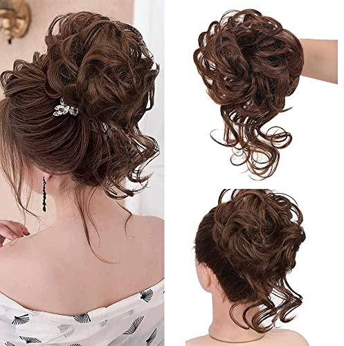 Hårsnodd med hår, hårdel med gummiband stor hårdel lockigt vågigt hår syntetiskt Messy Bun hår tousled Updo hårstycken för kvinnor flickor (#2/30 naturlig svart mörkbrun)
