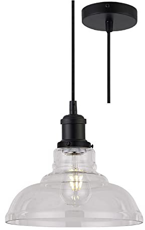 Matt Black & Clear Tapered Dome Glass Vintage Retro Pendant Ceiling Light | 28cm Diameter | Black Braided Cable | 1 x ES E27 Lamp Bulb Required | 240 Volts | Bedroom - Lounge - Kitchen