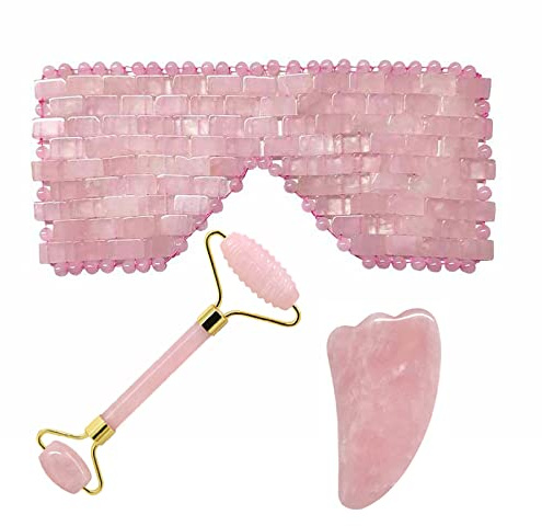 Rosenquarz Jade Augenmaske Gesichtsmassage Roller Guasha Board Scraper Set Naturstein Augenmaske Gesichtsmassagewerkzeuge,Typ 2