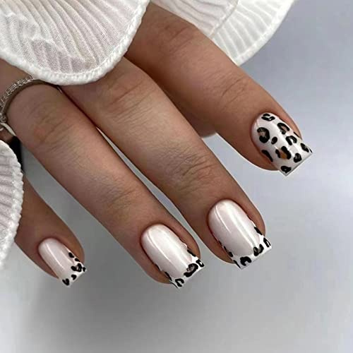 24 Pièces Carrés Faux Ongles Court, French Ongles à Presser Acrylique Ongles avec Onglet Adhésif, Glossy Artificiels Ongles à Coller pour Femmes et Filles Nail Art (Imprimé léopard)